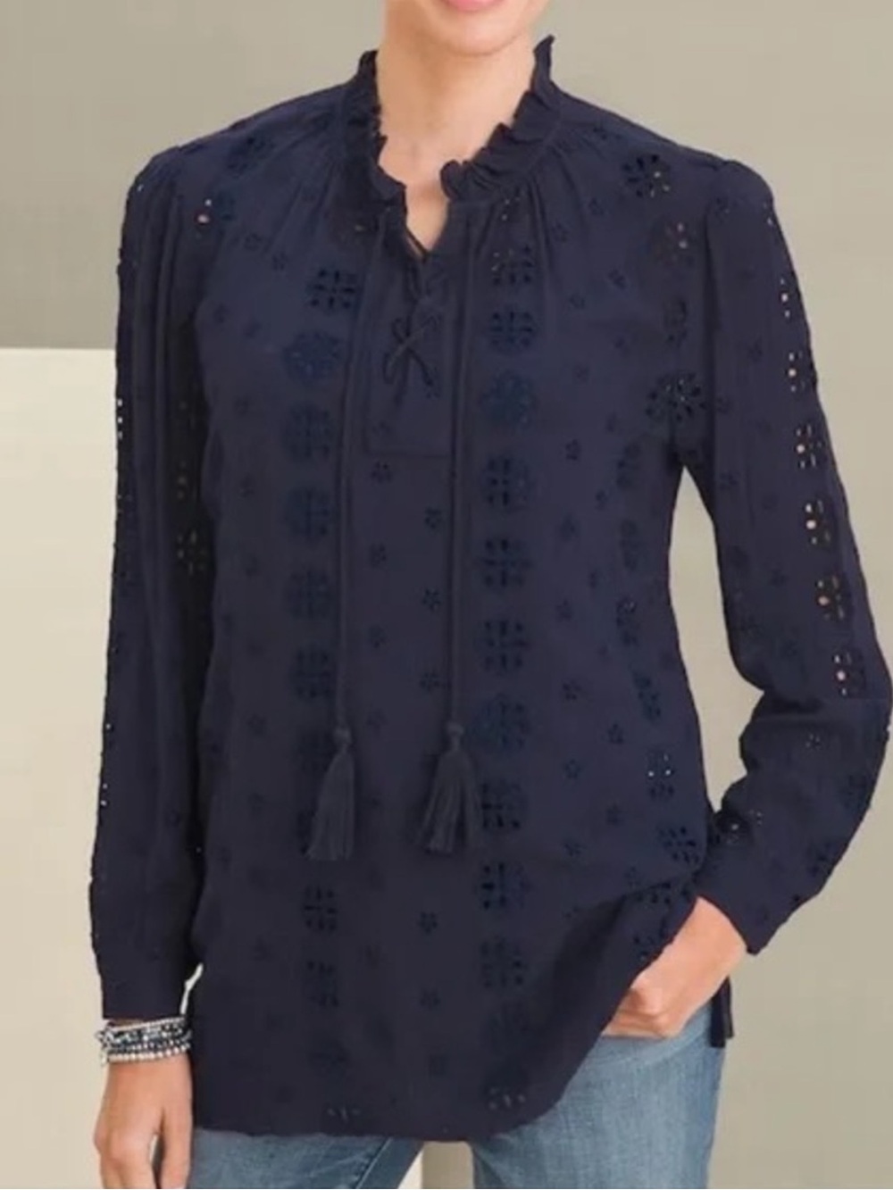 Chico's Embroidered Eyelet Long Sleeve Tunic Blouse Size 2/L 12-14 Classic Navy